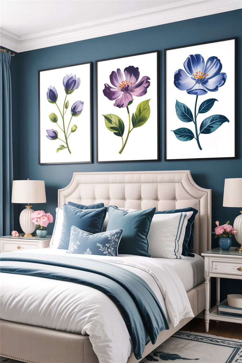 Indigo Floral Wall Art - 30 indigo bedroom ideas
