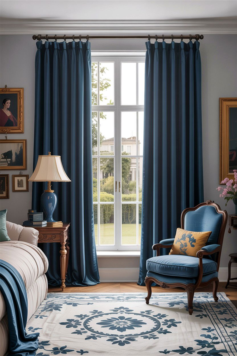 Indigo Silk Curtains - 30 indigo bedroom ideas