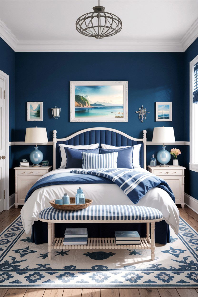 Indigo and white bedroom