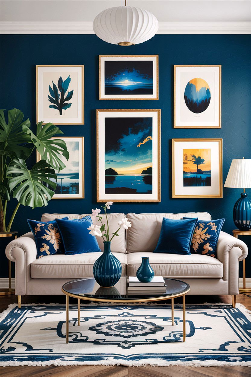 Indigo gallery wall - 30 indigo living room ideas