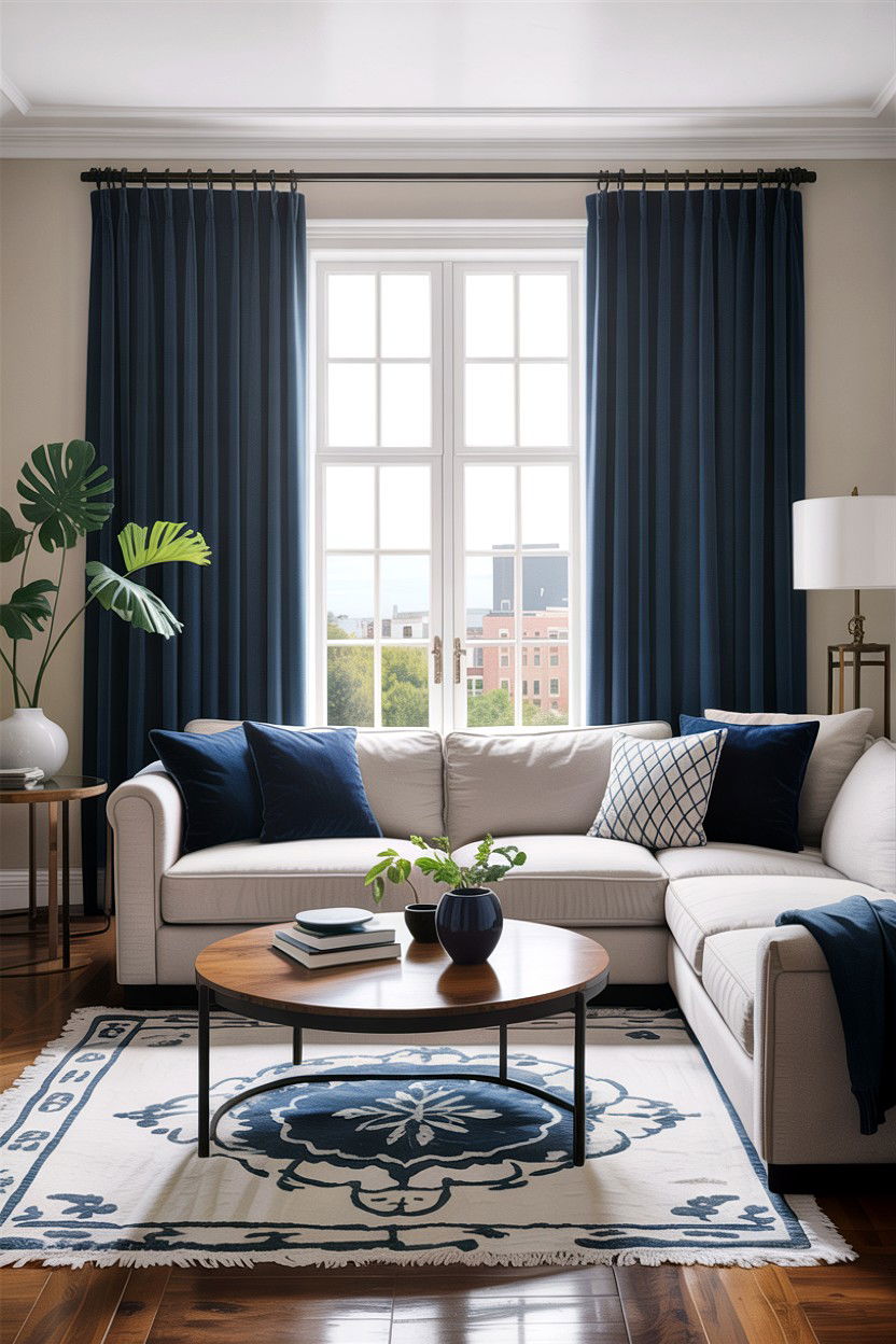 Indigo window curtains - 30 indigo living room ideas