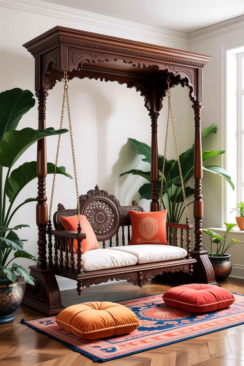 Indoor wooden swing - 30 living room Indian furniture ideas