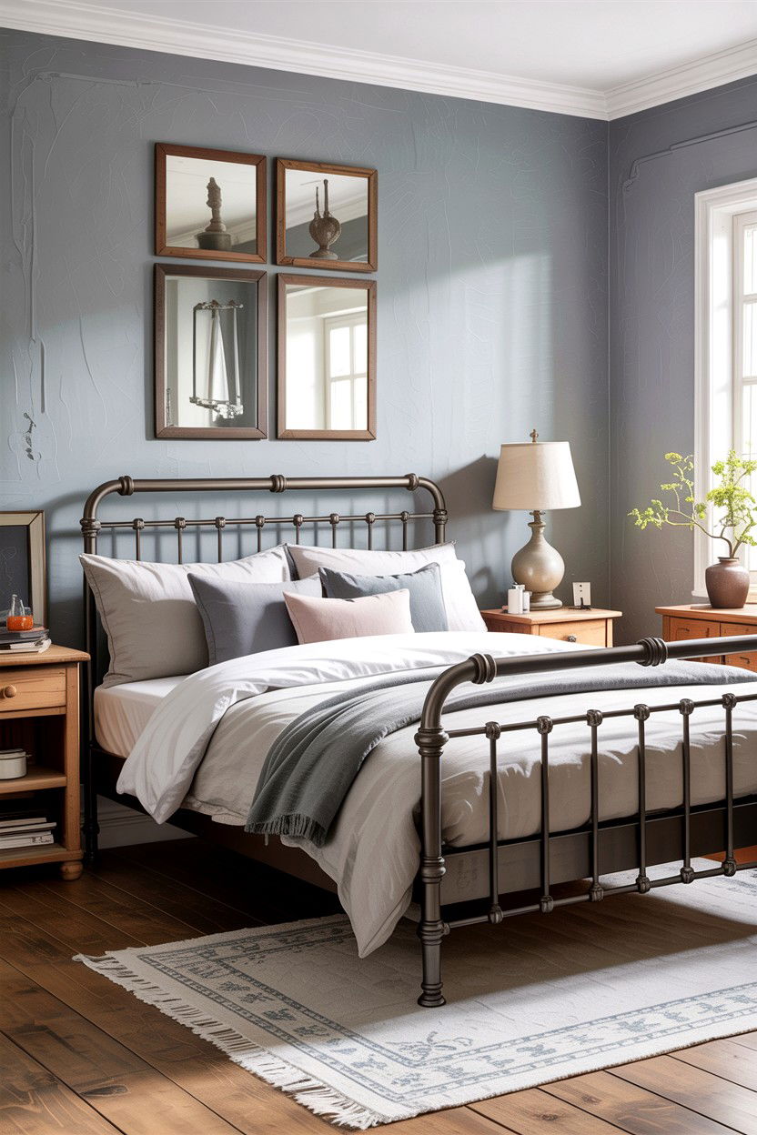 Industrial Grey Metal Bed - 30 rustic grey bedroom ideas
