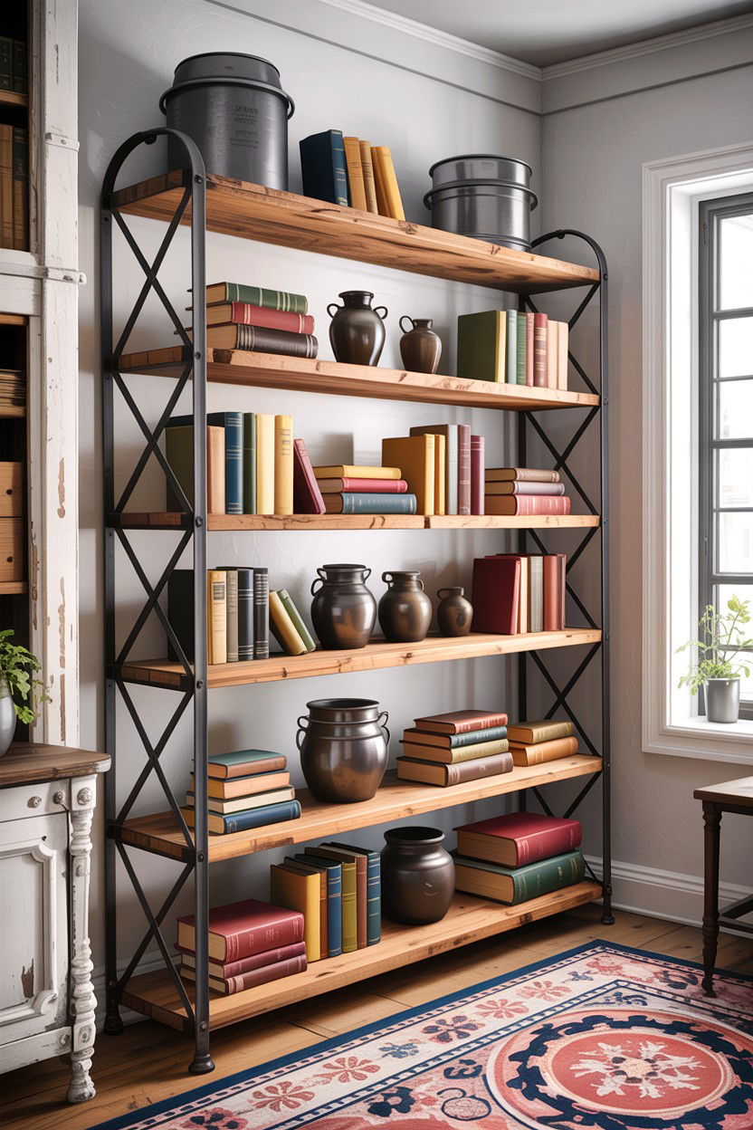 Industrial Metal Bookshelf - 30 living room farmhouse furniture ideas