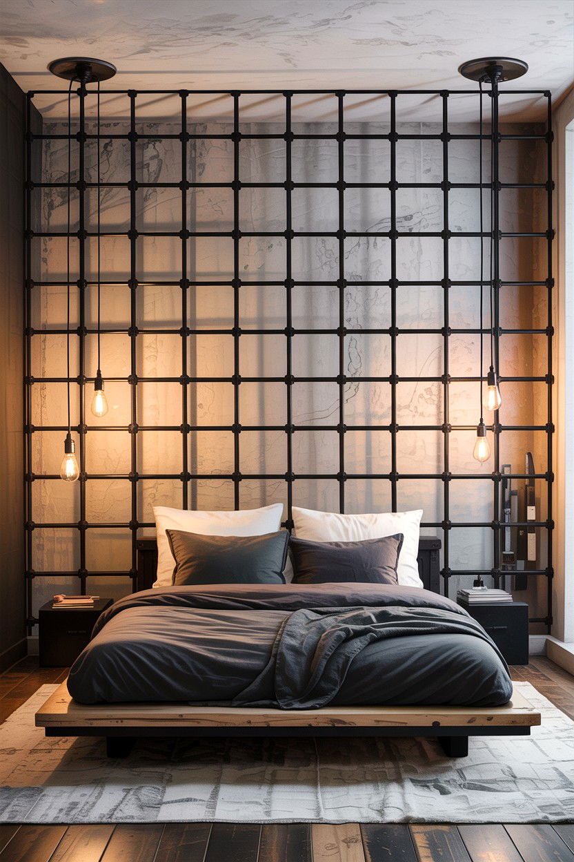 Industrial Metal Grid Wall - 30 bedroom geometric wall designs