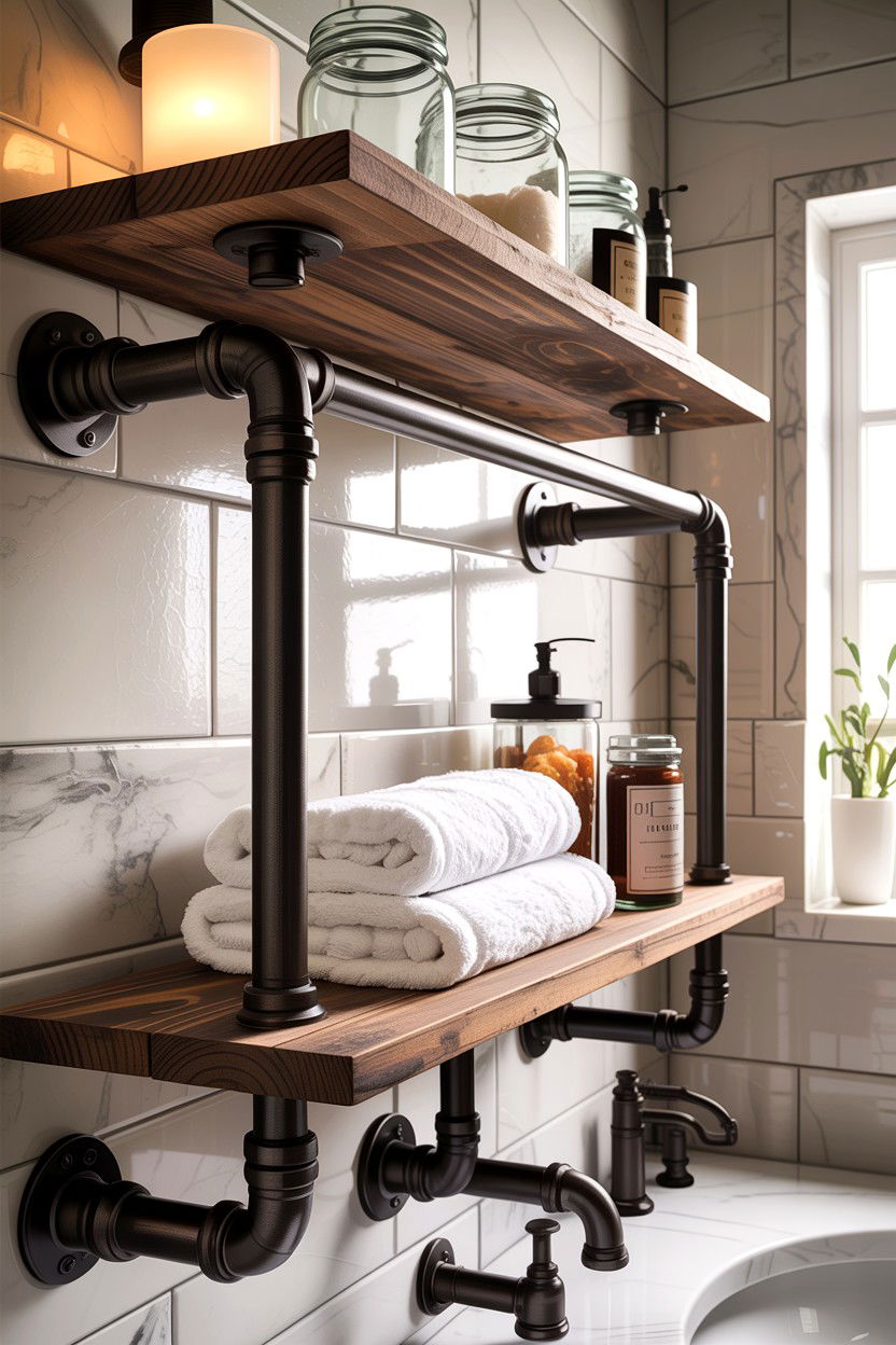Industrial Pipe Shelf - 30 DIY bathroom decor ideas