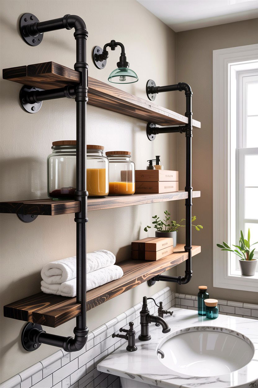 Industrial Pipe Shelving - 30 bathroom afternoon project ideas