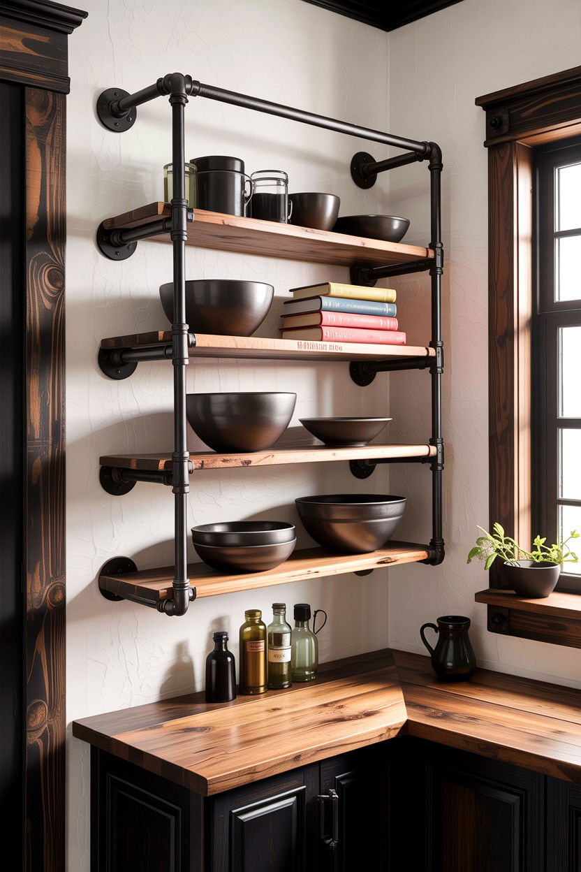 Industrial Pipe Wall Shelving - 30 small dining room space storage ideas