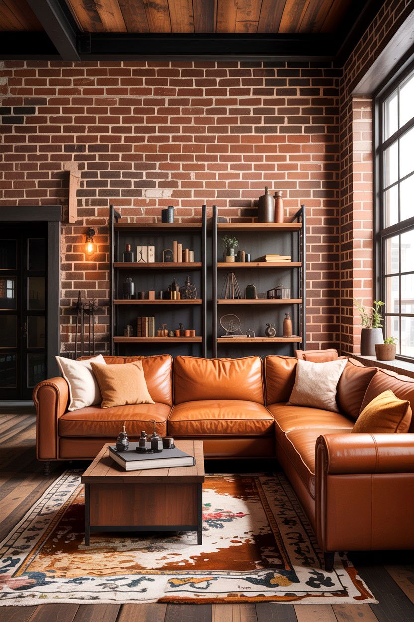 Industrial brown brick living room - 30 warm brown living room ideas