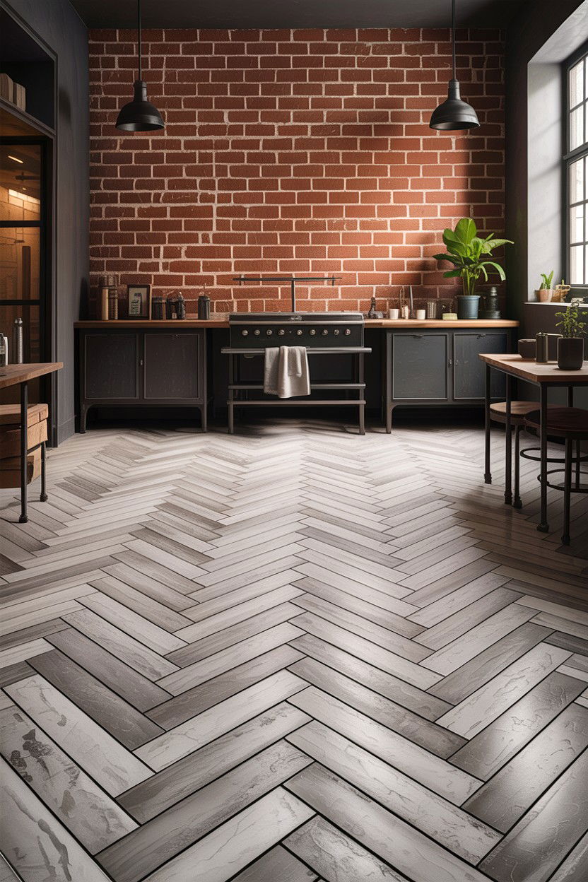 Industrial grey herringbone floor - 30 herringbone pattern bathroom ideas