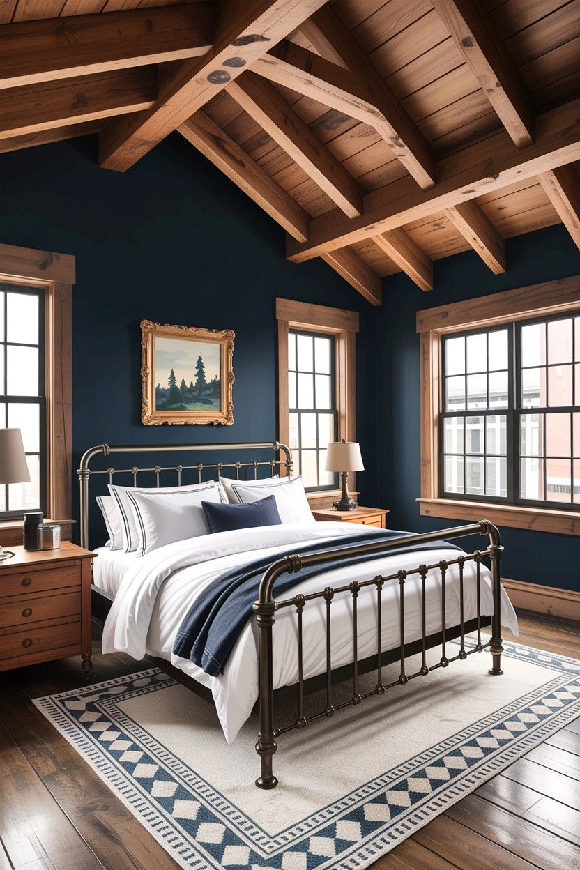 Industrial navy bedroom with wood beams - 30 rustic navy bedroom ideas