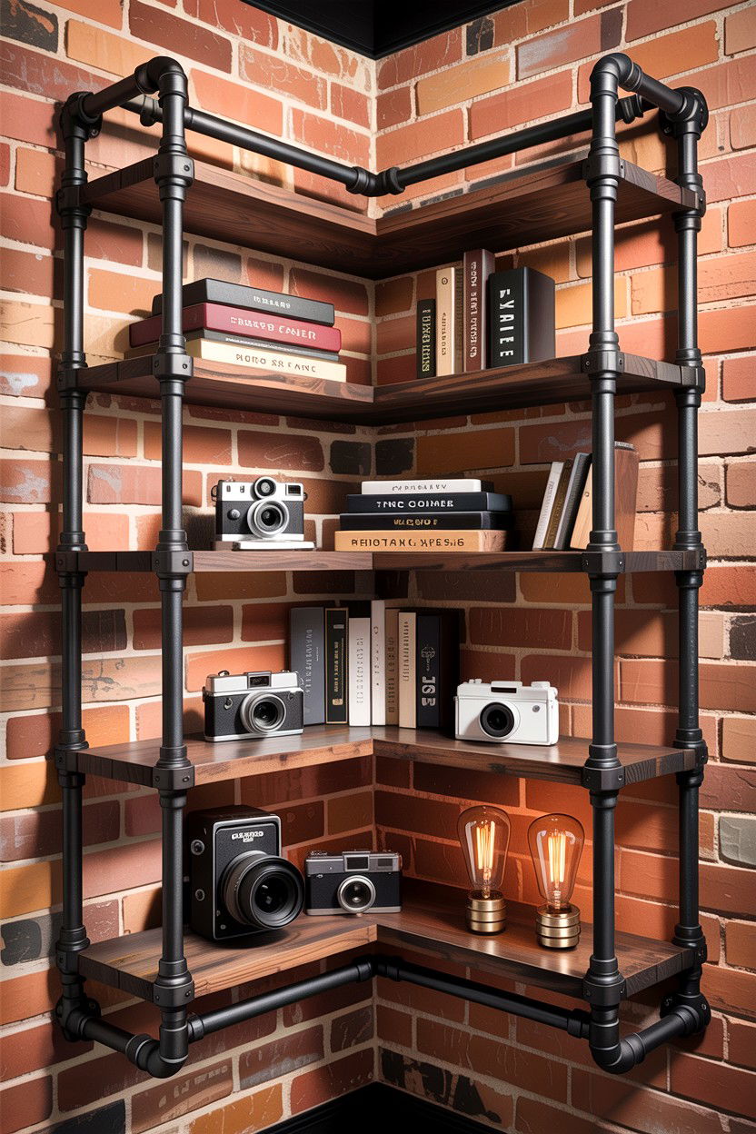 Industrial pipe corner shelf - 30 living room corner shelf ideas