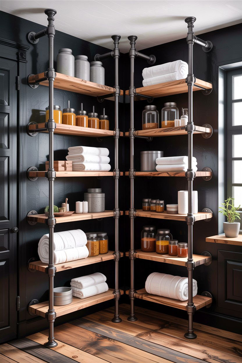 Industrial pipe shelves - 30 small bathroom space storage ideas