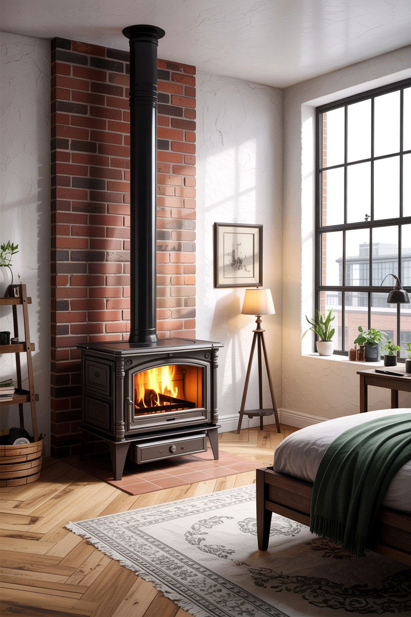Industrial wood burning stove - 30 bedroom wood burning fireplace ideas