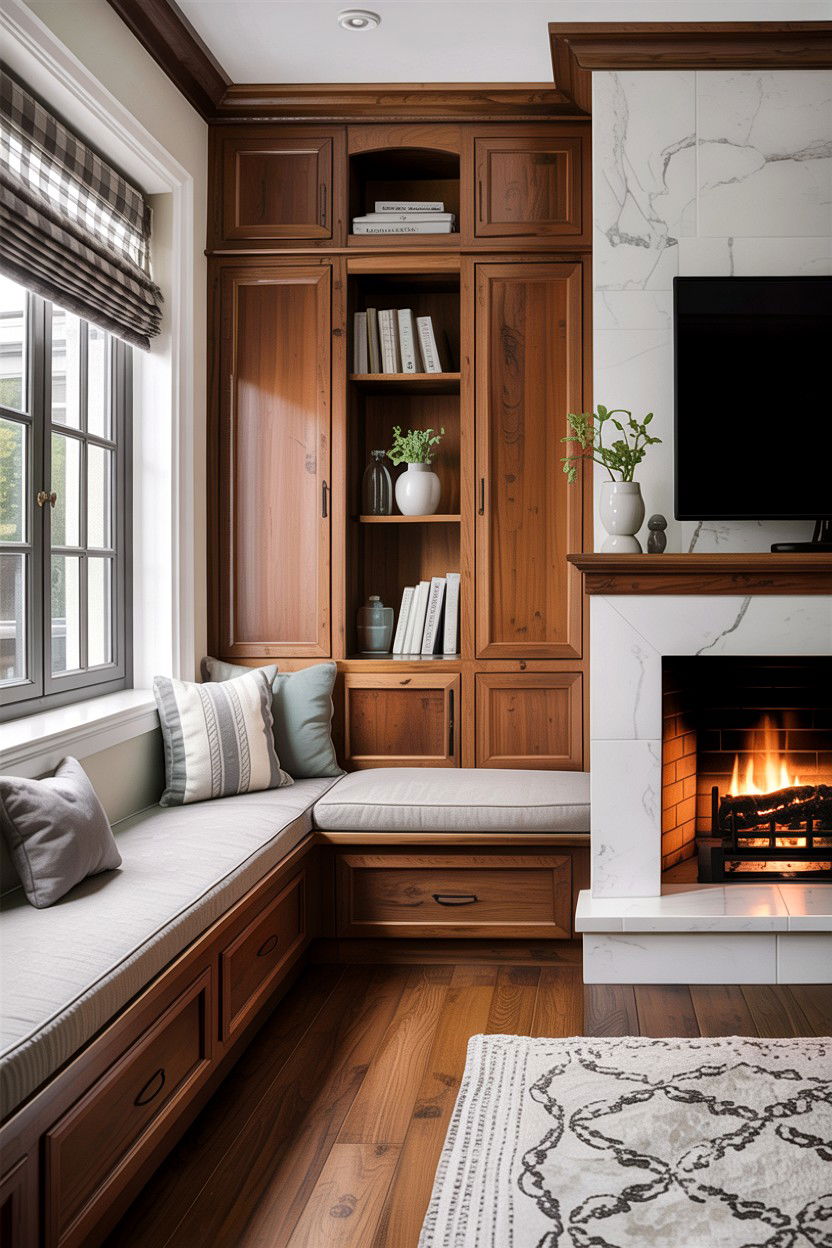 Integrated Fireplace Bench - 30 living room custom cabinetry ideas