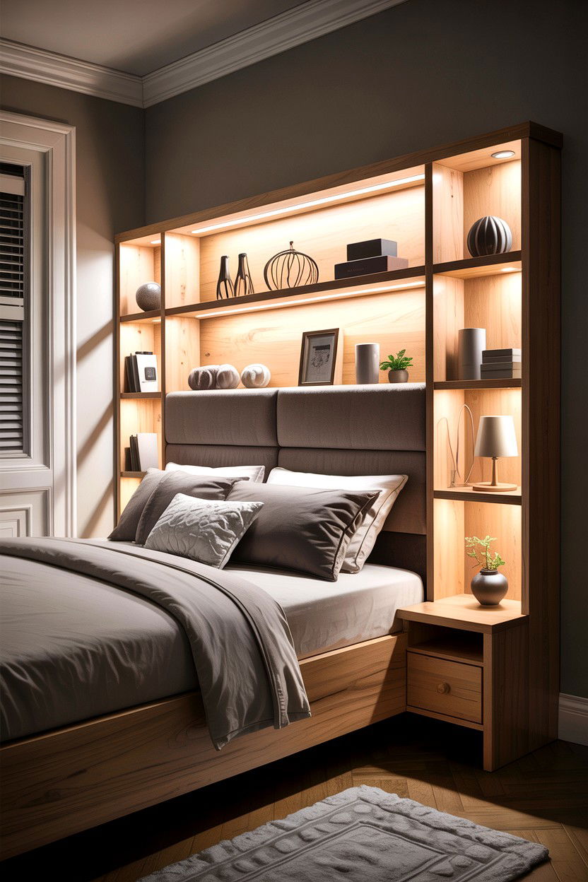 Integrated Lighting Headboard - 30 bedroom storage headboards