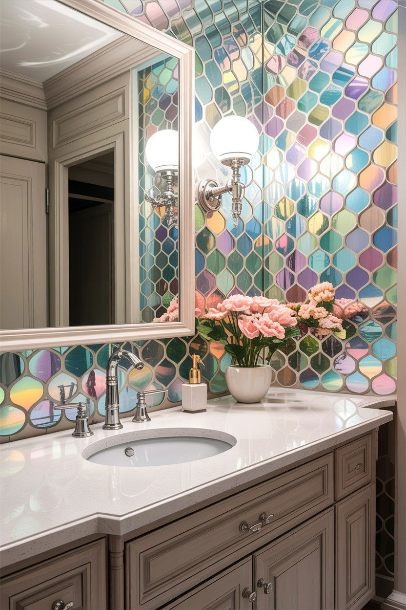 Iridescent glass tile backsplash - 30 glass mosaic bathroom ideas