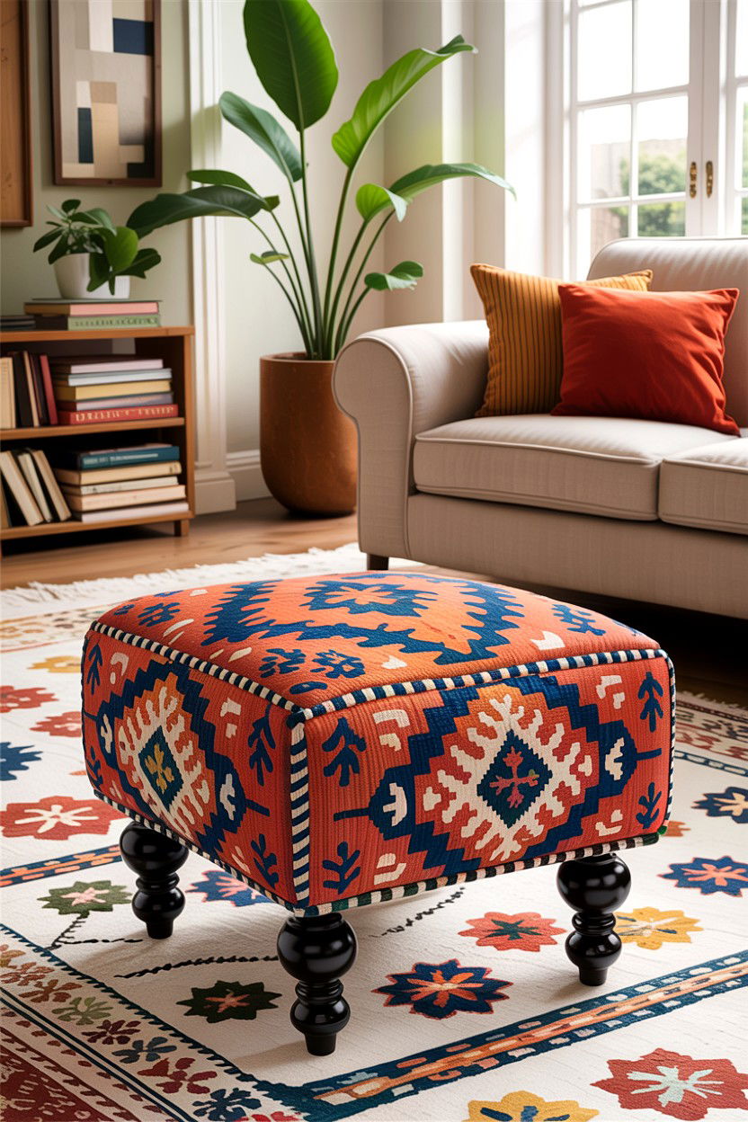 Kilim Rug Upholstered Footstool - 30 living room Santa Fe furniture ideas