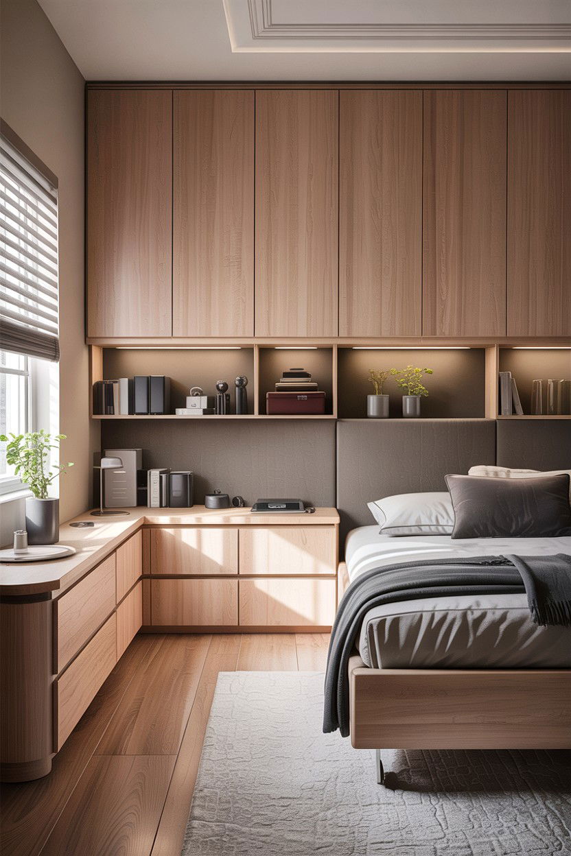 L shaped bedroom with storage wall - 30 L-shaped bedroom ideas