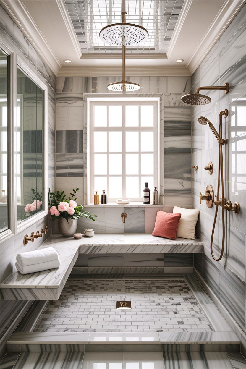 L shaped shower bench - 30 bathroom built-in bench ideas