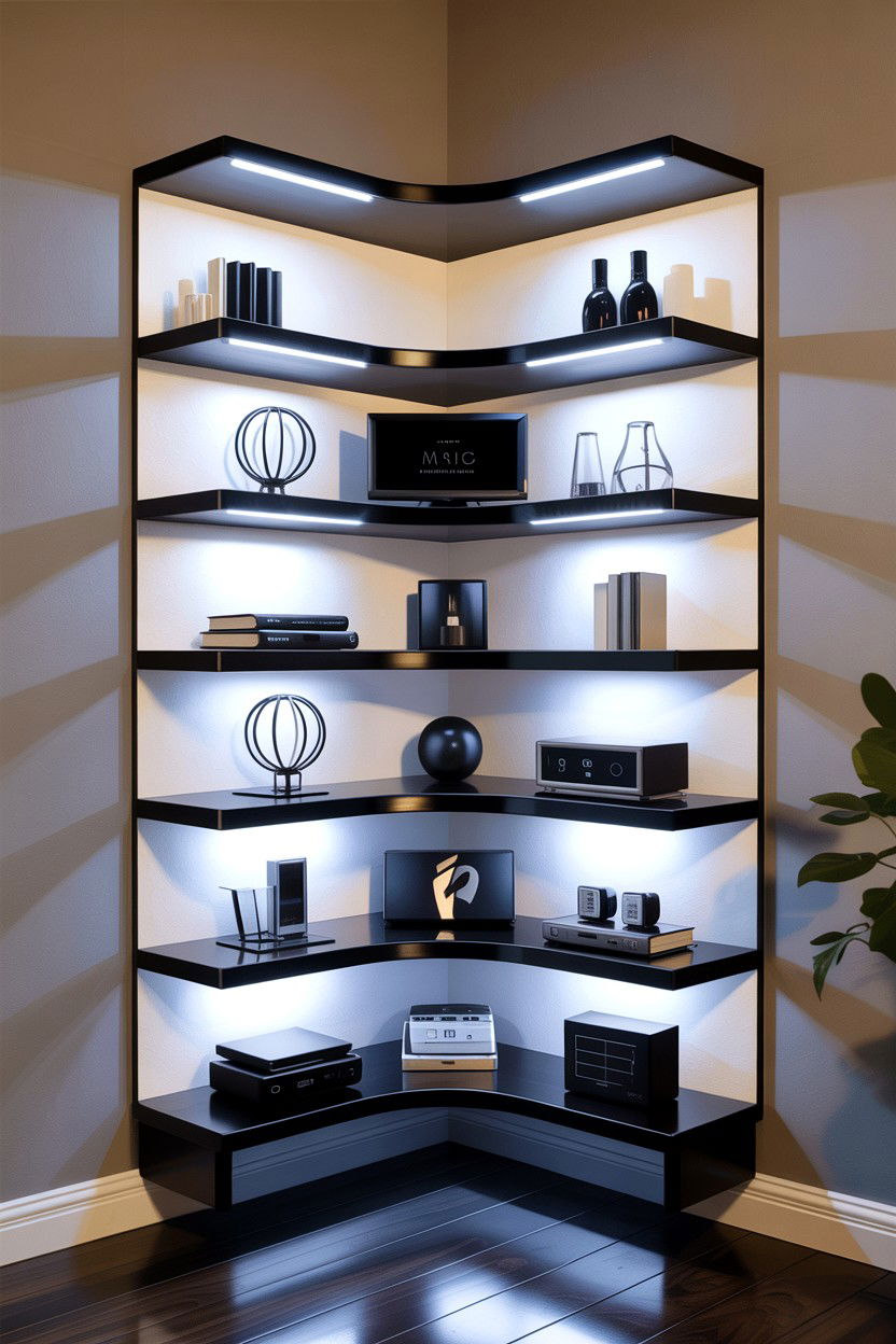 LED lighted corner shelf - 30 living room corner shelf ideas