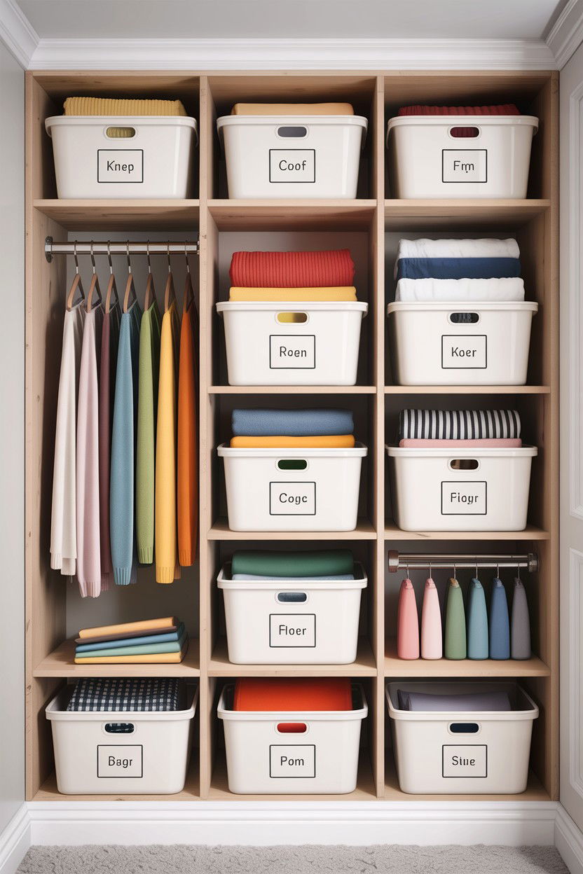 Labelled Storage Bins - 30 bedroom storage bins