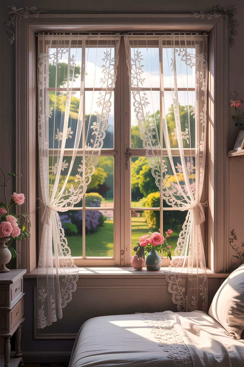 Lace Window Curtains - 30 cottage core bedroom ideas