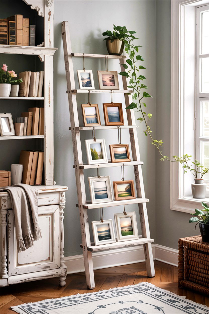 Ladder Photo Shelf - 30 bedroom memory wall ideas