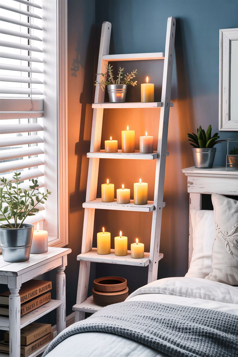 Ladder Shelf Candle Display - 30 bedroom candle ideas