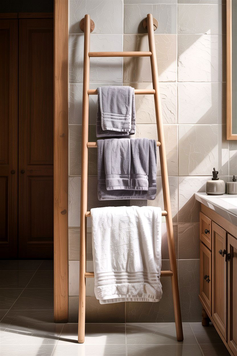Ladder Towel Rack - 30 DIY bathroom decor ideas