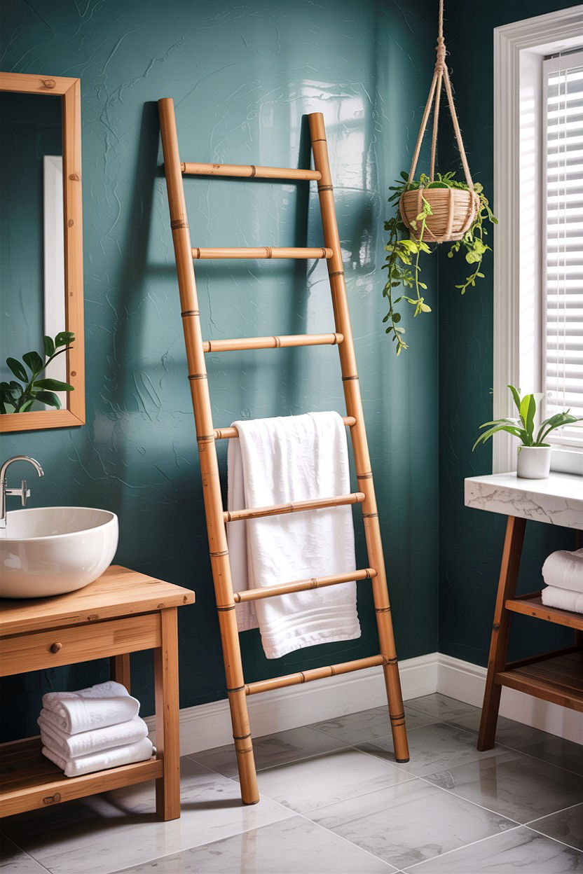 Ladder towel rack - 30 small bathroom space storage ideas