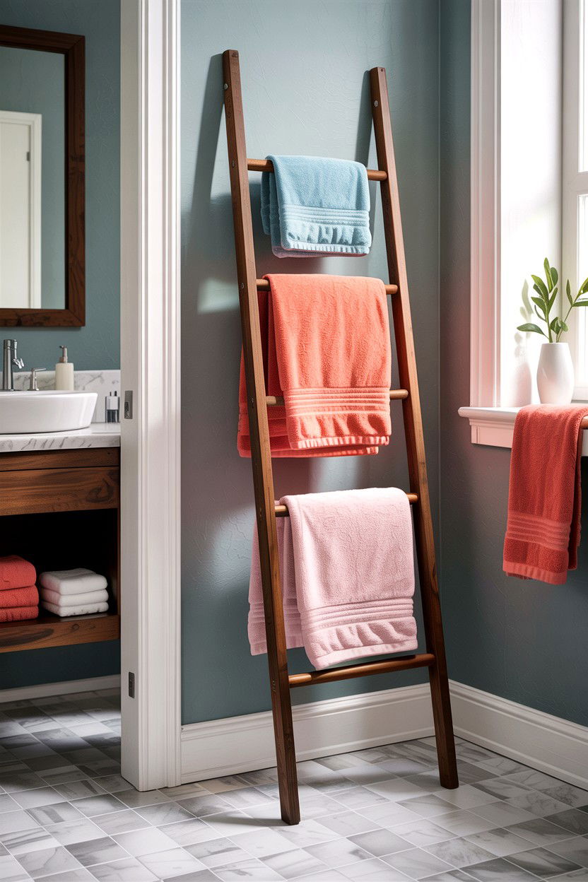 Ladder towel rack - 30 apartment bathroom ideas