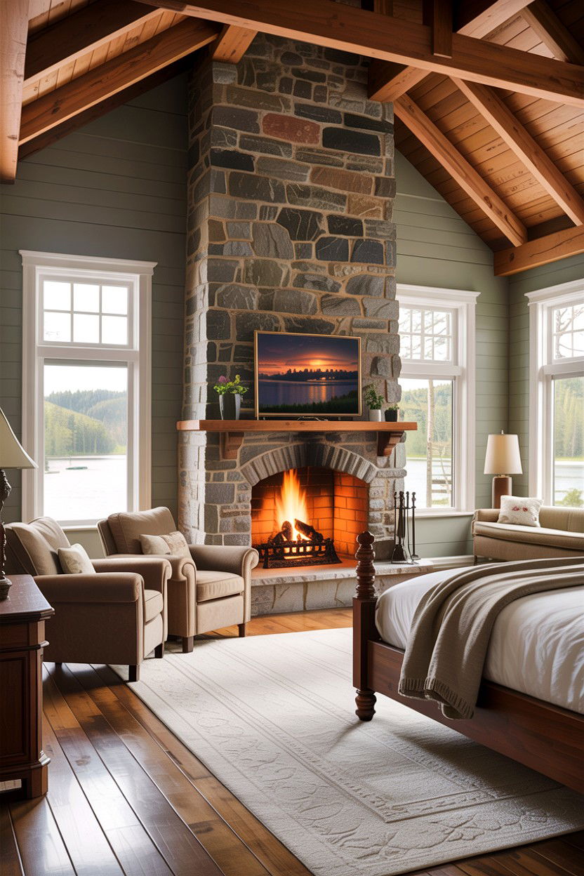 Lake house bedroom with stone fireplace - 30 lake house bedroom ideas