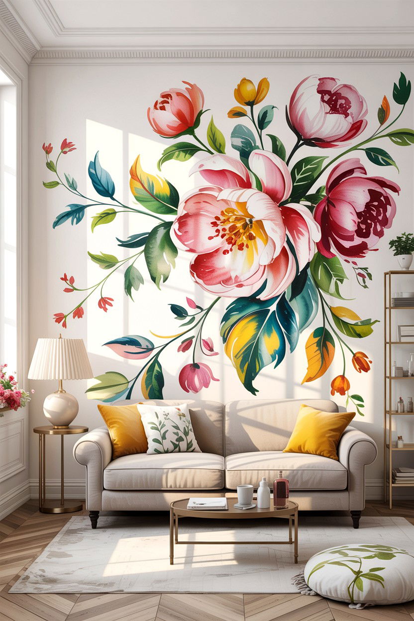 Large Floral Mural - 30 floral themed living room ideas