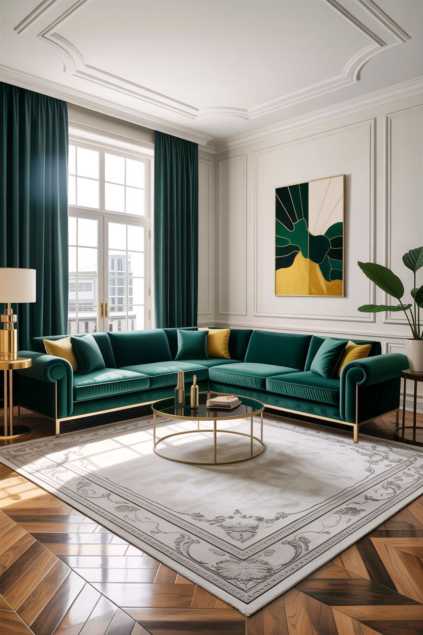 Large Velvet Sectional - 30 high ceiling living room ideas