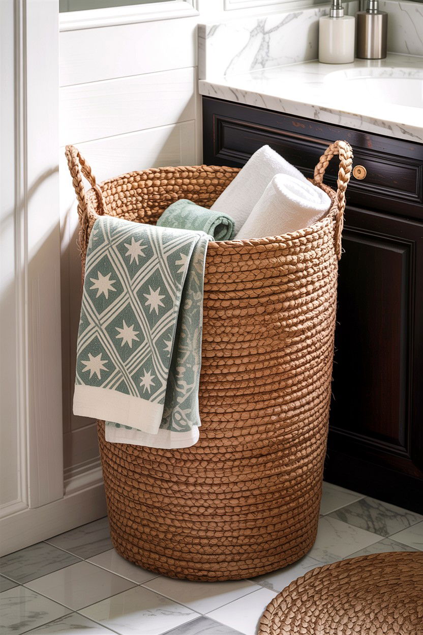 Large jute floor baskets - 30 bathroom basket storage ideas