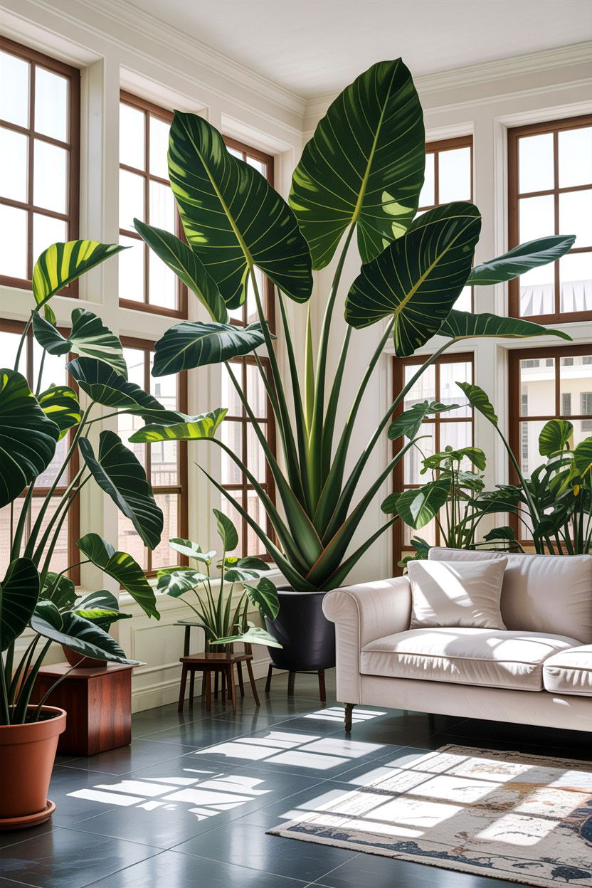Large leaf indoor plants - 30 jungle living room ideas