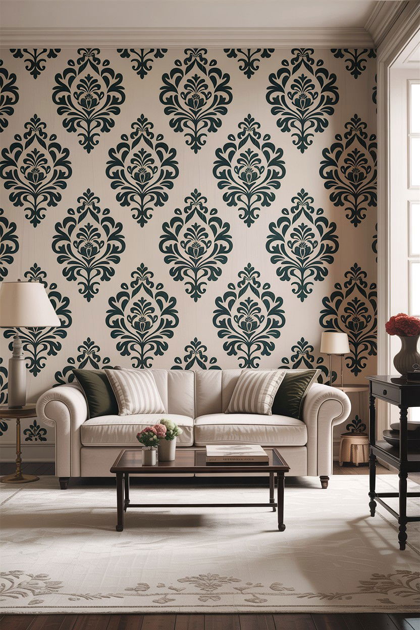 Large scale damask wallpaper - 30 living room damask wallpapers
