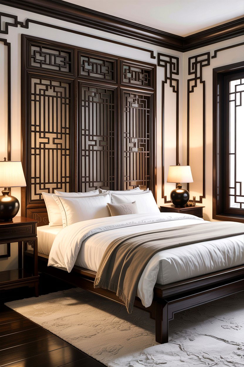 Lattice Screen Headboard - 30 Chinese bedroom ideas