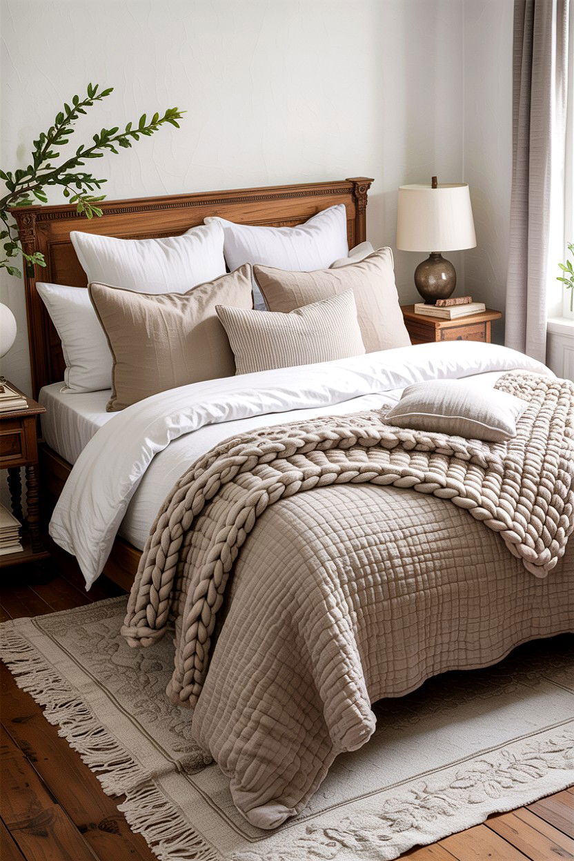 Layered Bed Linens - 30 rustic white bedroom ideas