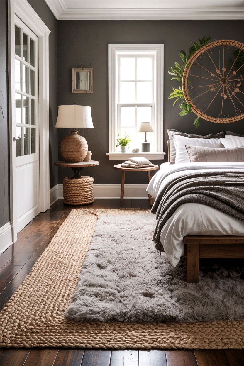 Layered Neutral Rugs - 30 rustic grey bedroom ideas
