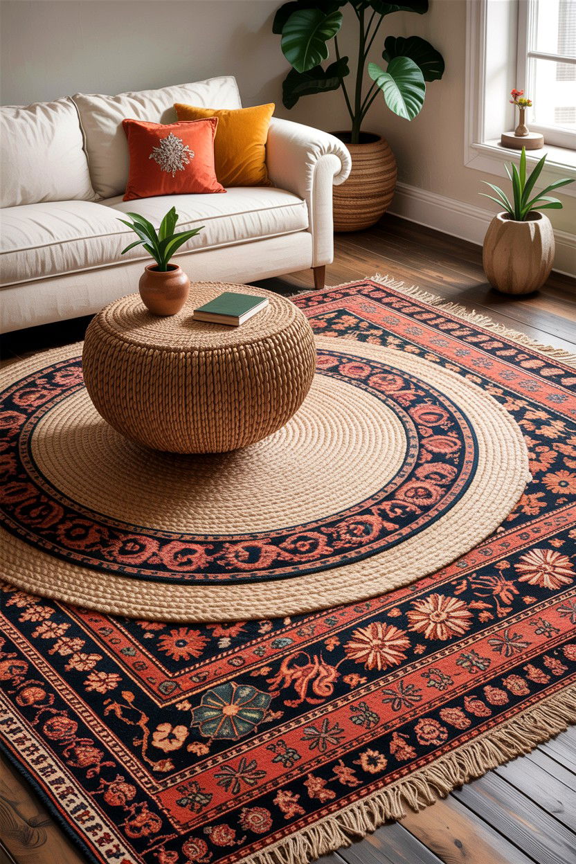 Layered Rugs - 30 fixer upper living room ideas