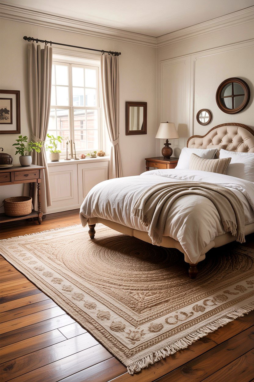 Layered neutral rug bedroom - 30 rustic cream bedroom ideas