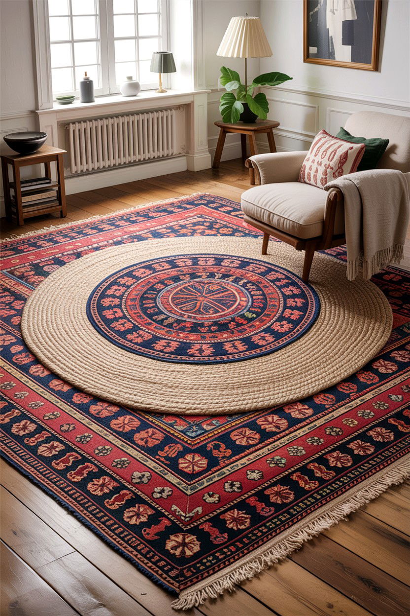 Layered rug floor textures - 30 Finnish living room ideas