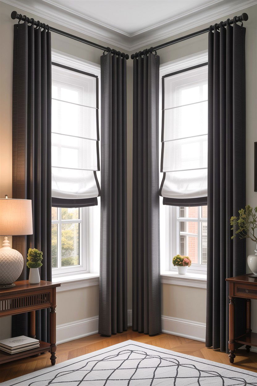 Layered window treatments - 30 bedroom bay window ideas