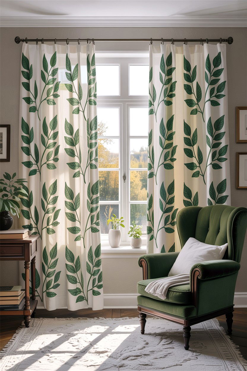 Leaf Print Curtains - 30 forest bedroom ideas