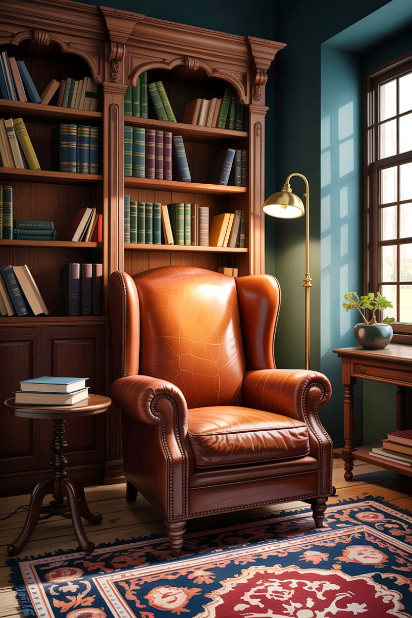 Leather Armchair And Library Nook - 30 British colonial bedroom ideas