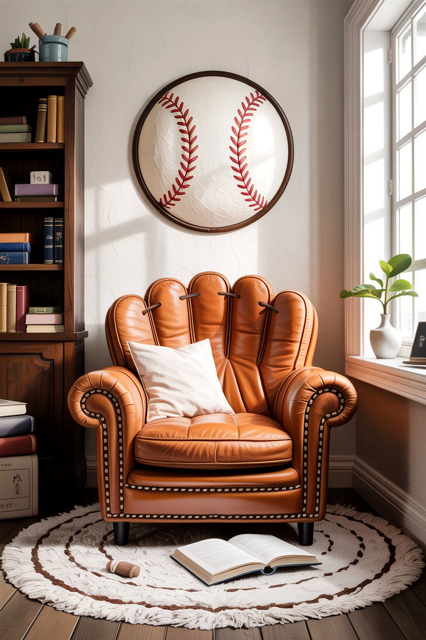 Leather Glove Chair - 30 baseball bedroom ideas