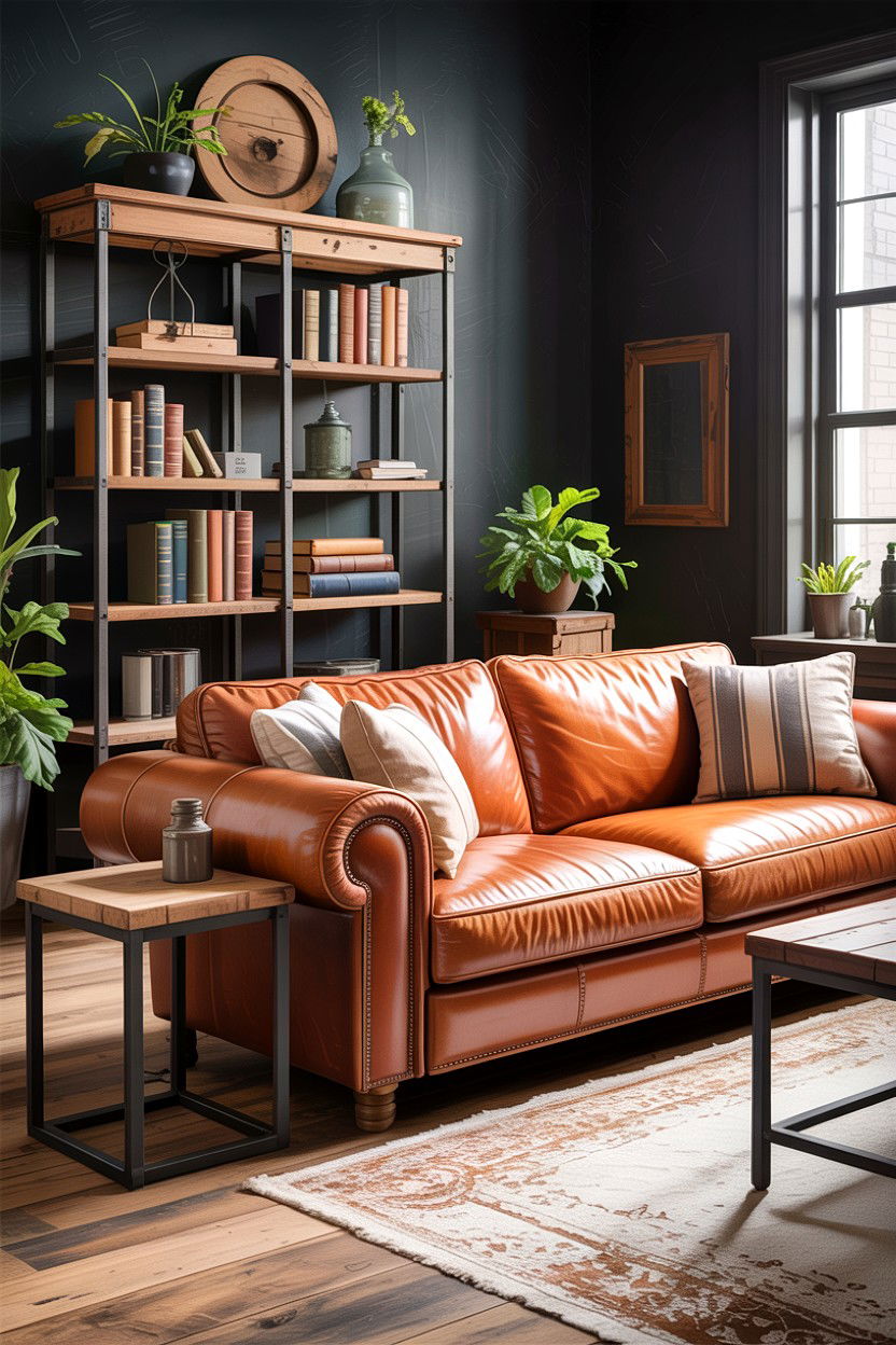 Leather sofa living room - 30 industrial living room ideas
