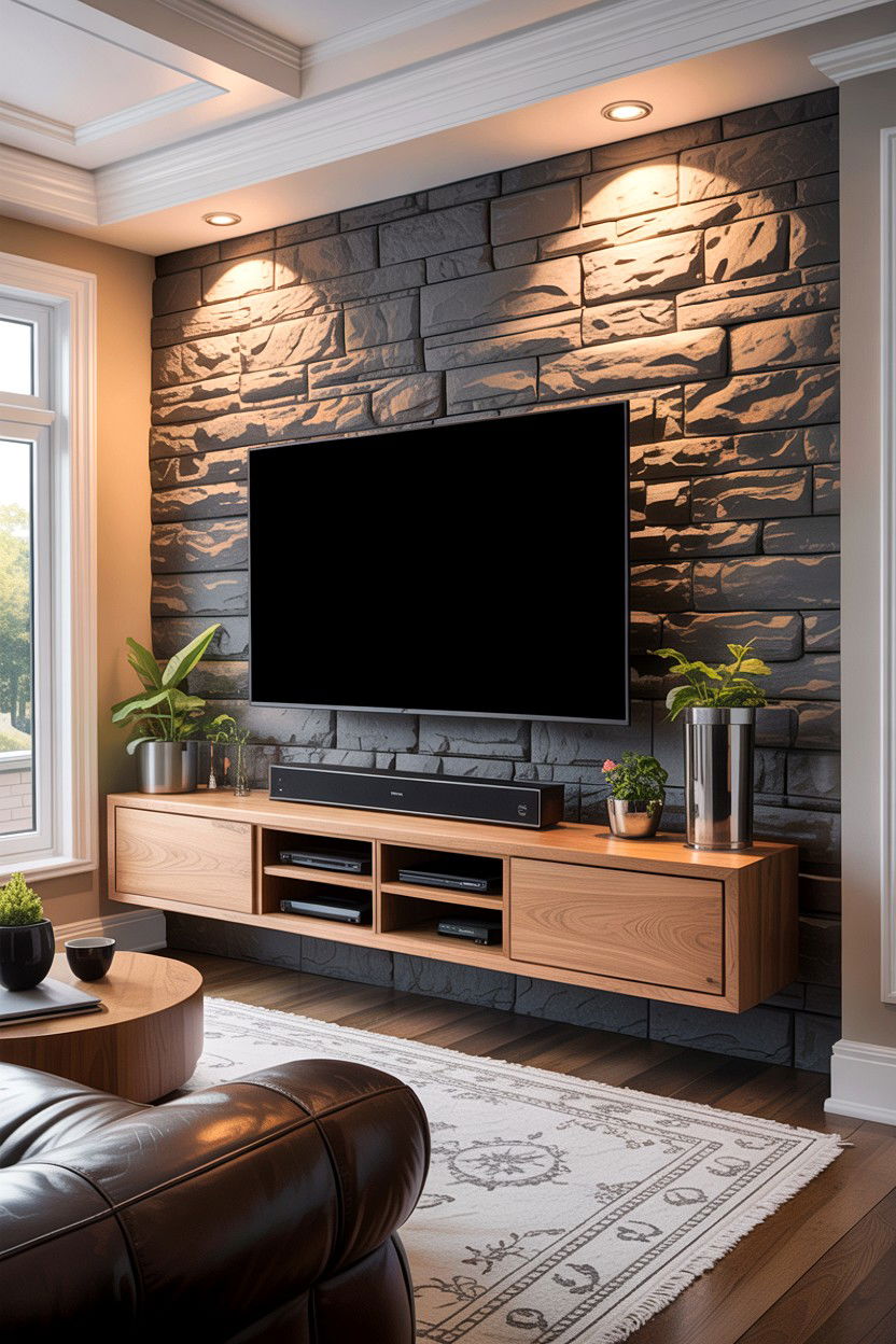 Ledge Stone TV Wall - 30 stone accent ideas